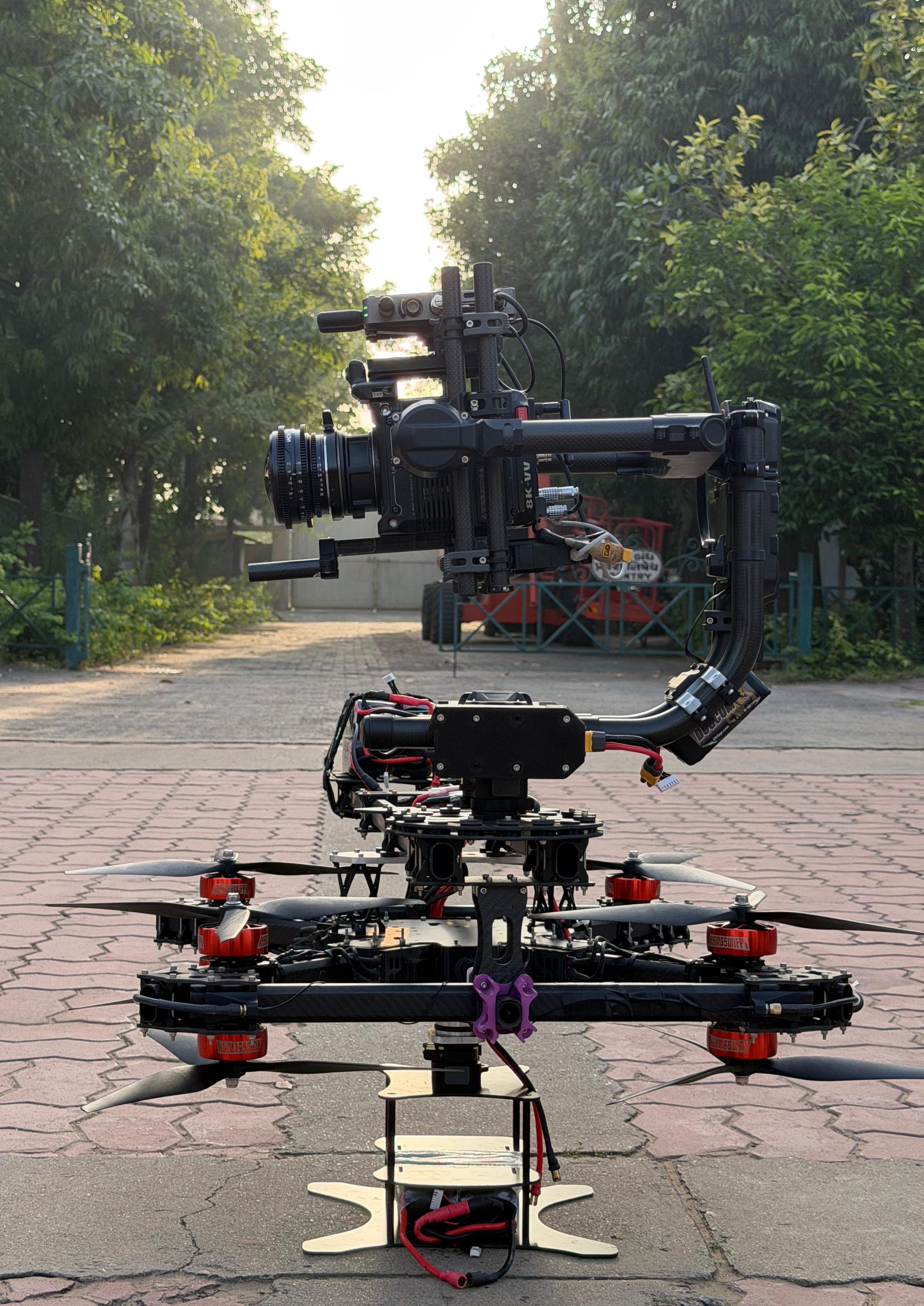 Heavy-lift drone at dawn with cinema camera