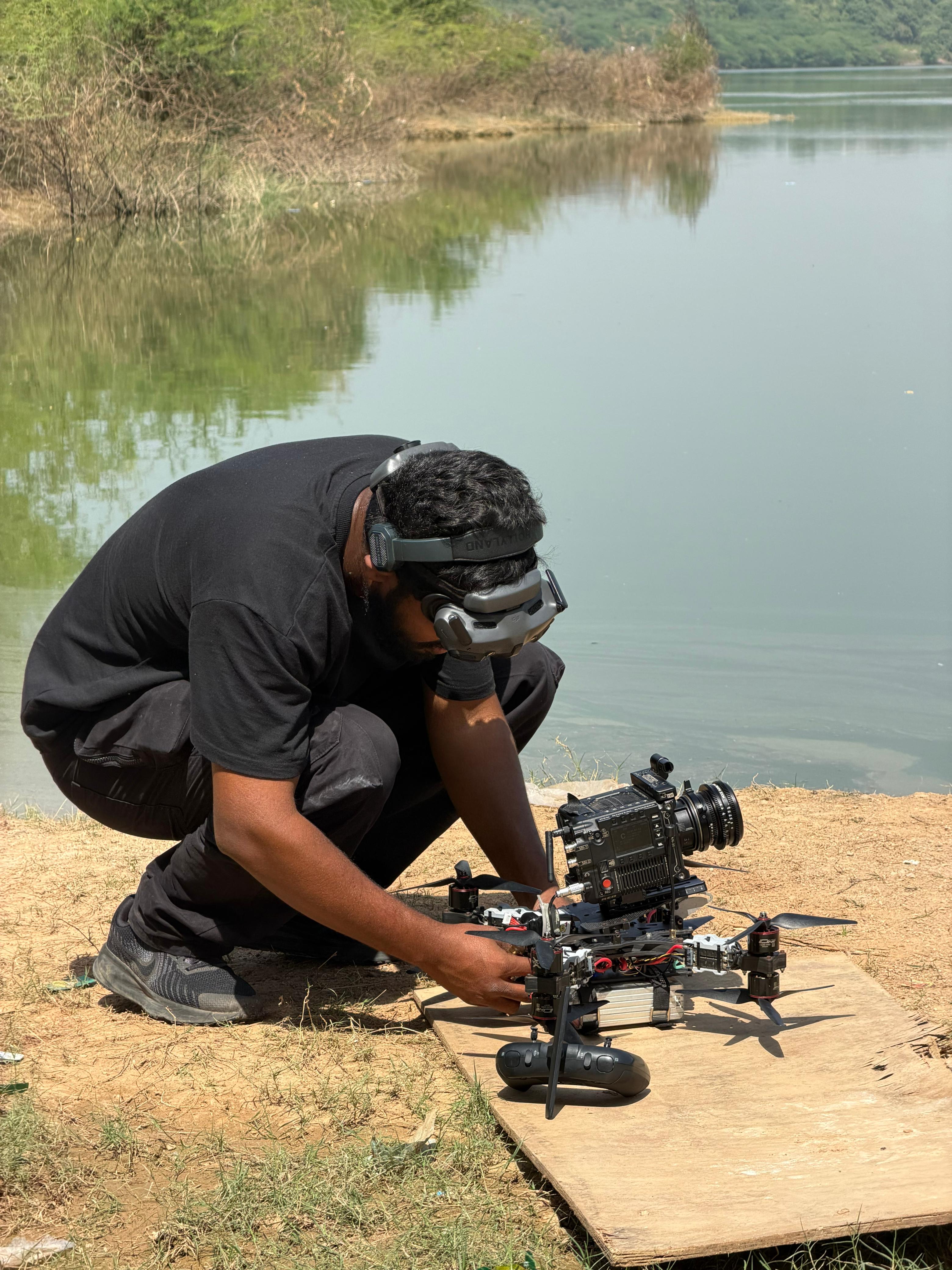 Kaushik prepping FPV drone on location